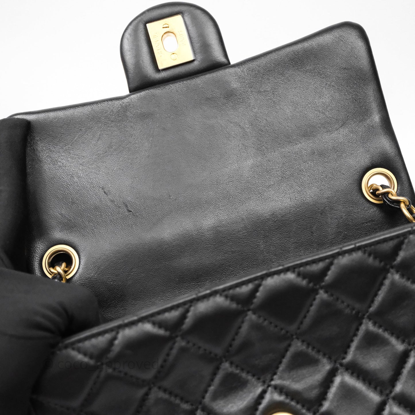 Chanel Mini Rectangular Pearl Crush Quilted Black Lambskin Aged Gold Hardware
