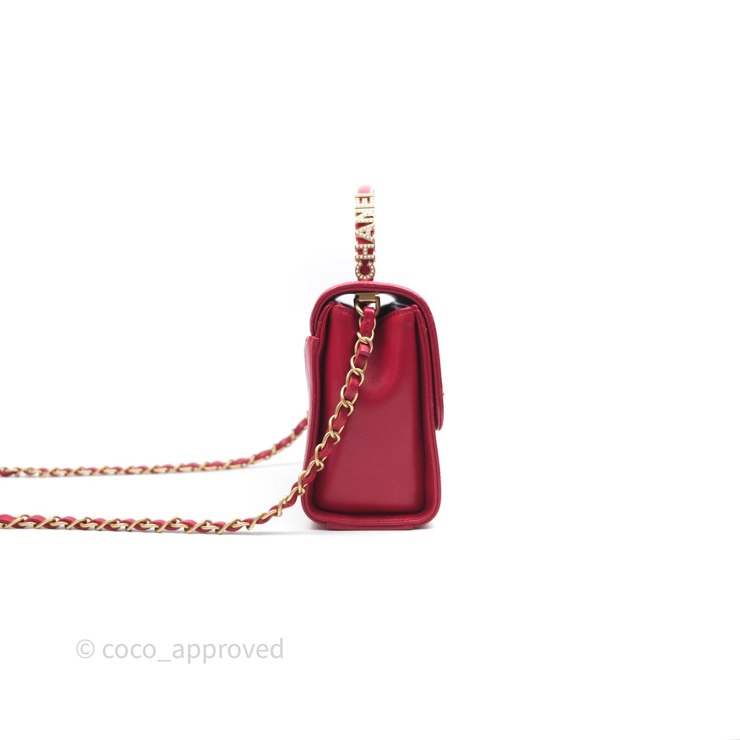 Chanel Quilted Flap Bag  with Pearl Logo Top Handle Red Lambskin Aged Gold Hardware