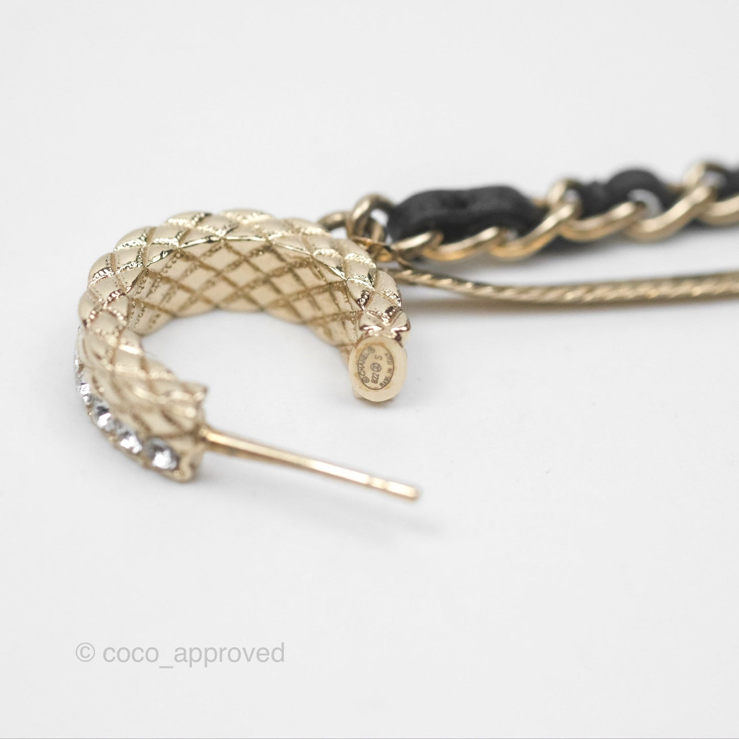 Chanel Crystal CC Braided Leather Chain Long Drop Earrings Gold Tone 22S