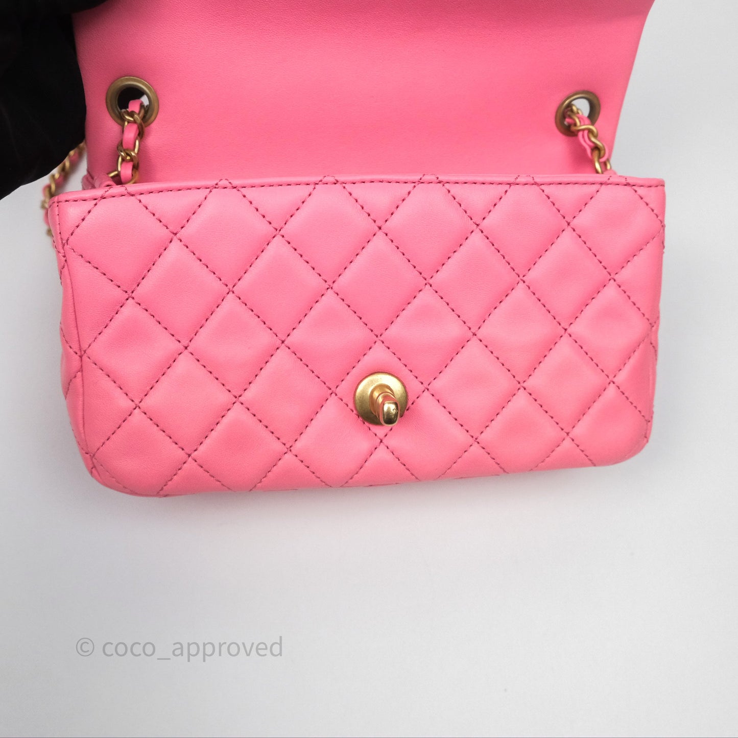 Chanel Mini Rectangular Pearl Crush Quilted Pink Lambskin Aged Gold Hardware