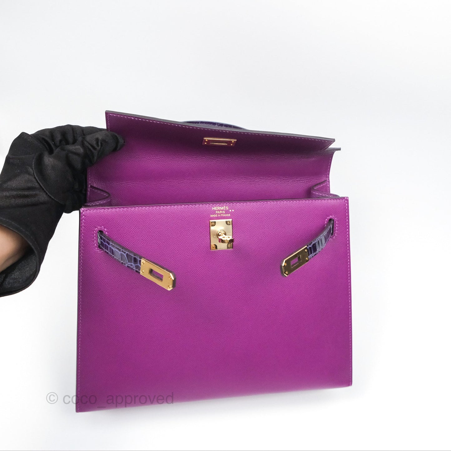 Hermès Kelly 25 Sellier Touch Anemone/ Amethyste Madame/ Croc Gold Hardware