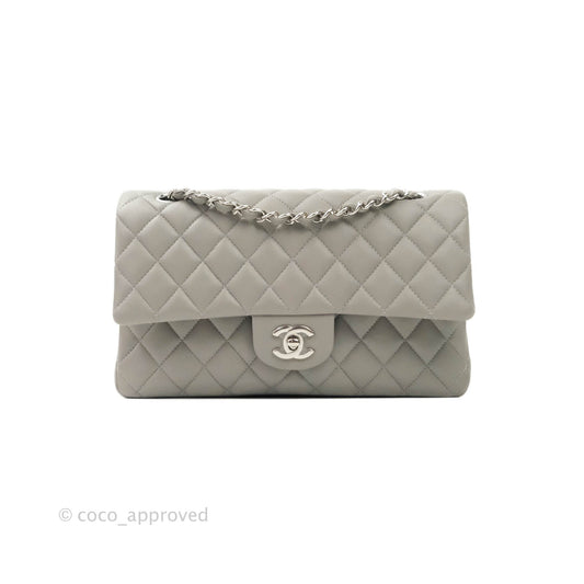 Chanel M/L Medium Double Flap Bag Grey Lambskin Silver Hardware 19B