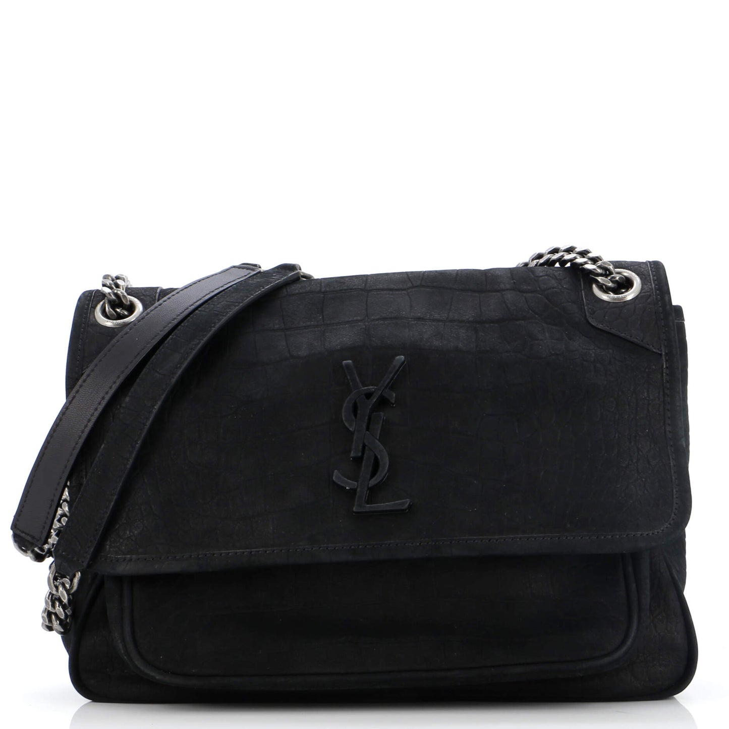 Luxury Saint Laurent Niki Chain Flap Bag Crocodile Embossed Nubuck Medium