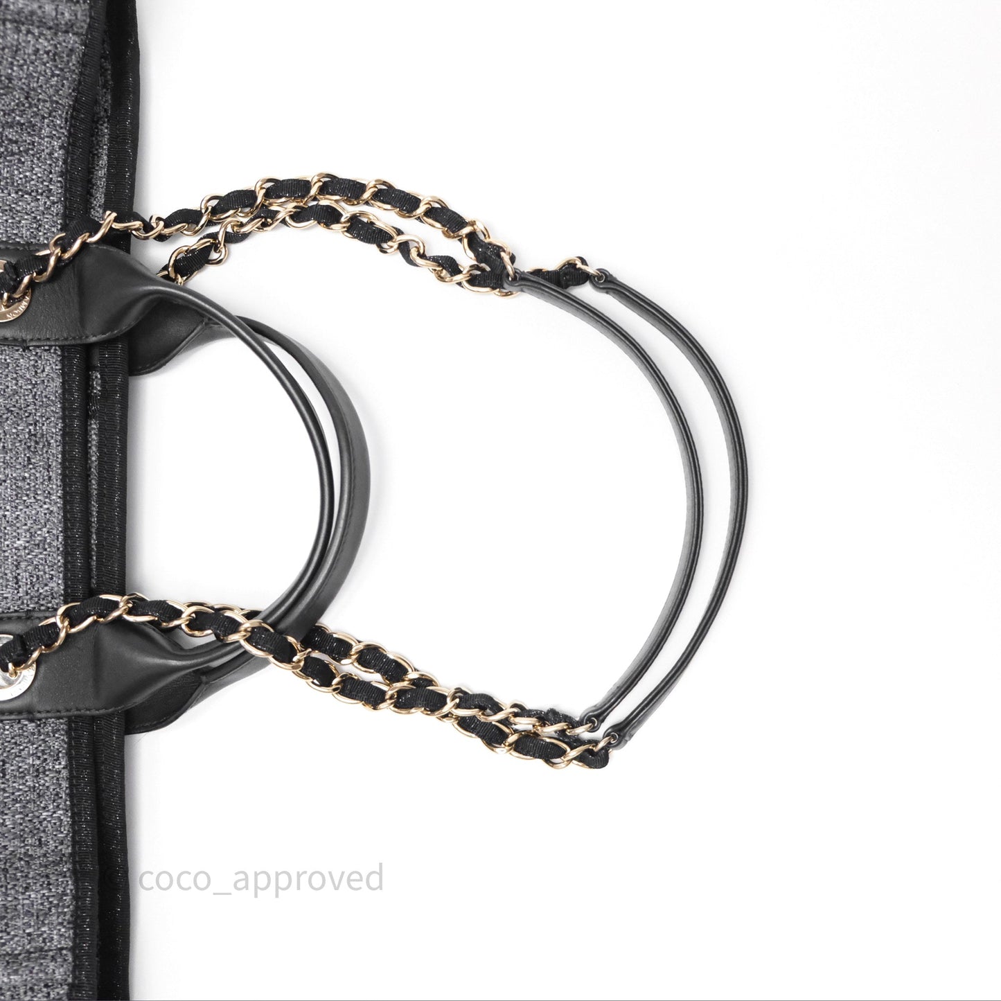 Chanel Large Deauville Glitter Black Grey Raffia Gold Hardware