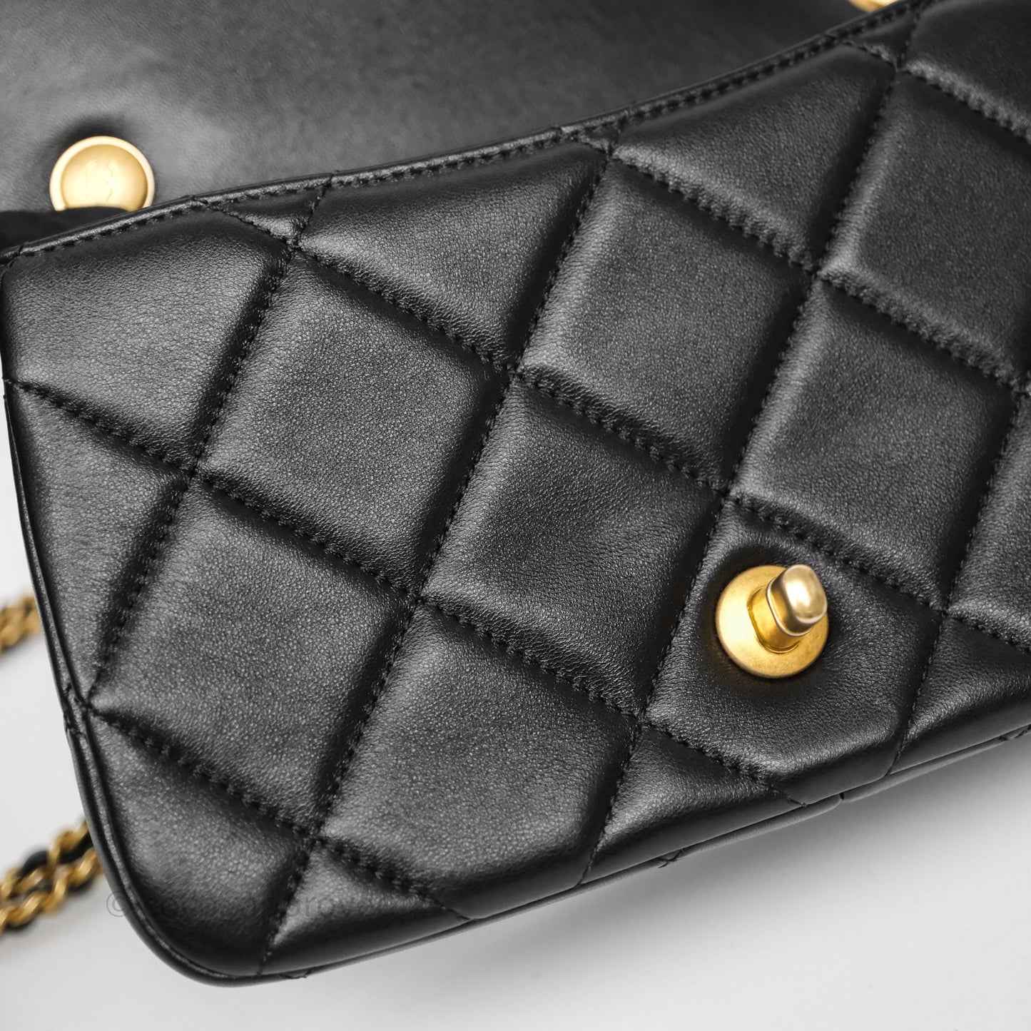 Chanel Quilted Flap Bag with Pearl Chain Black Calfskin Aged Gold Hardware