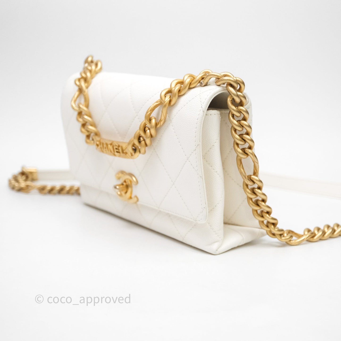 Chanel Bracelet On Chain Small Flap Bag White Caviar Aged Gold Hardware