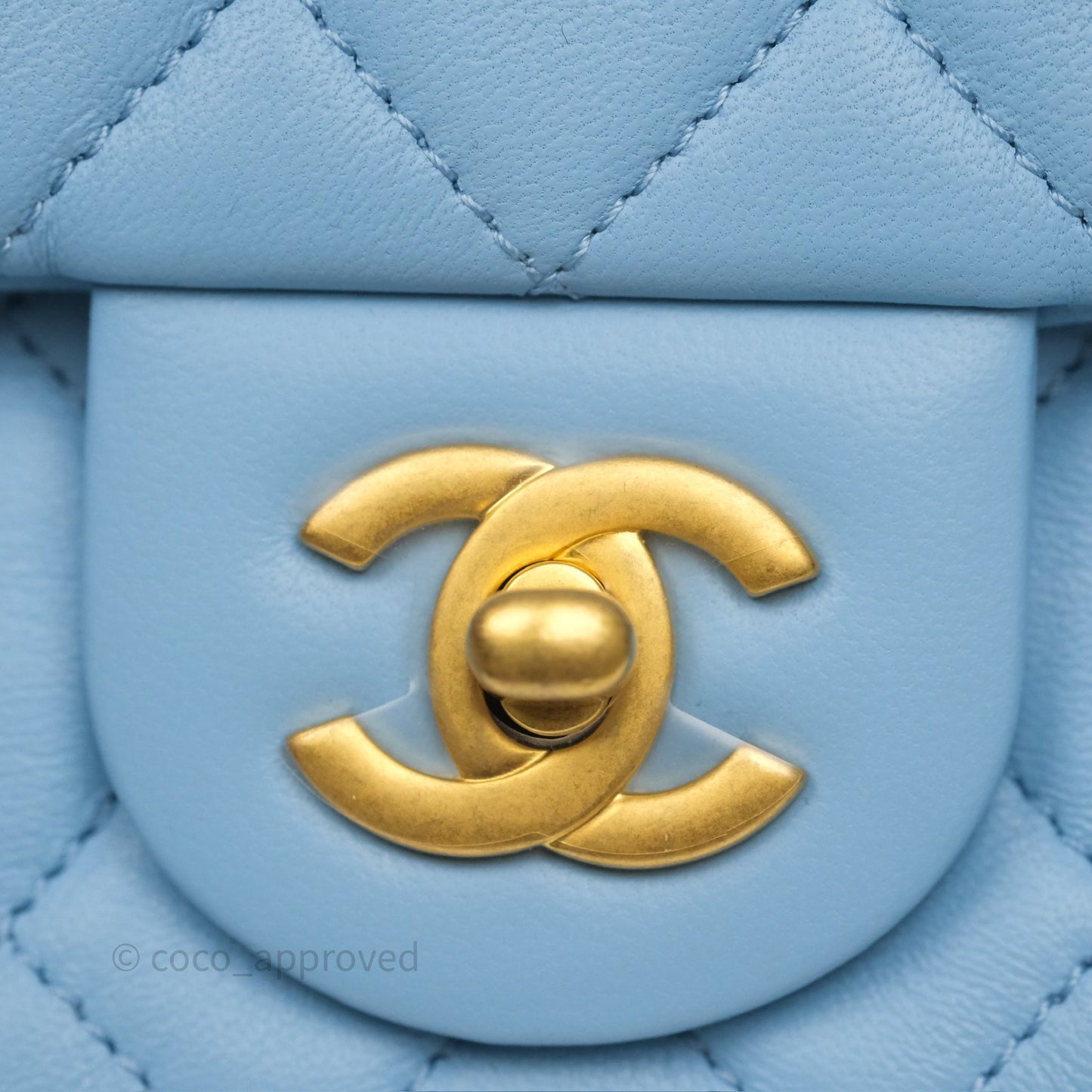 Chanel Mini Rectangular Pearl Crush Quilted Sky Blue Lambskin Aged Gold Hardware