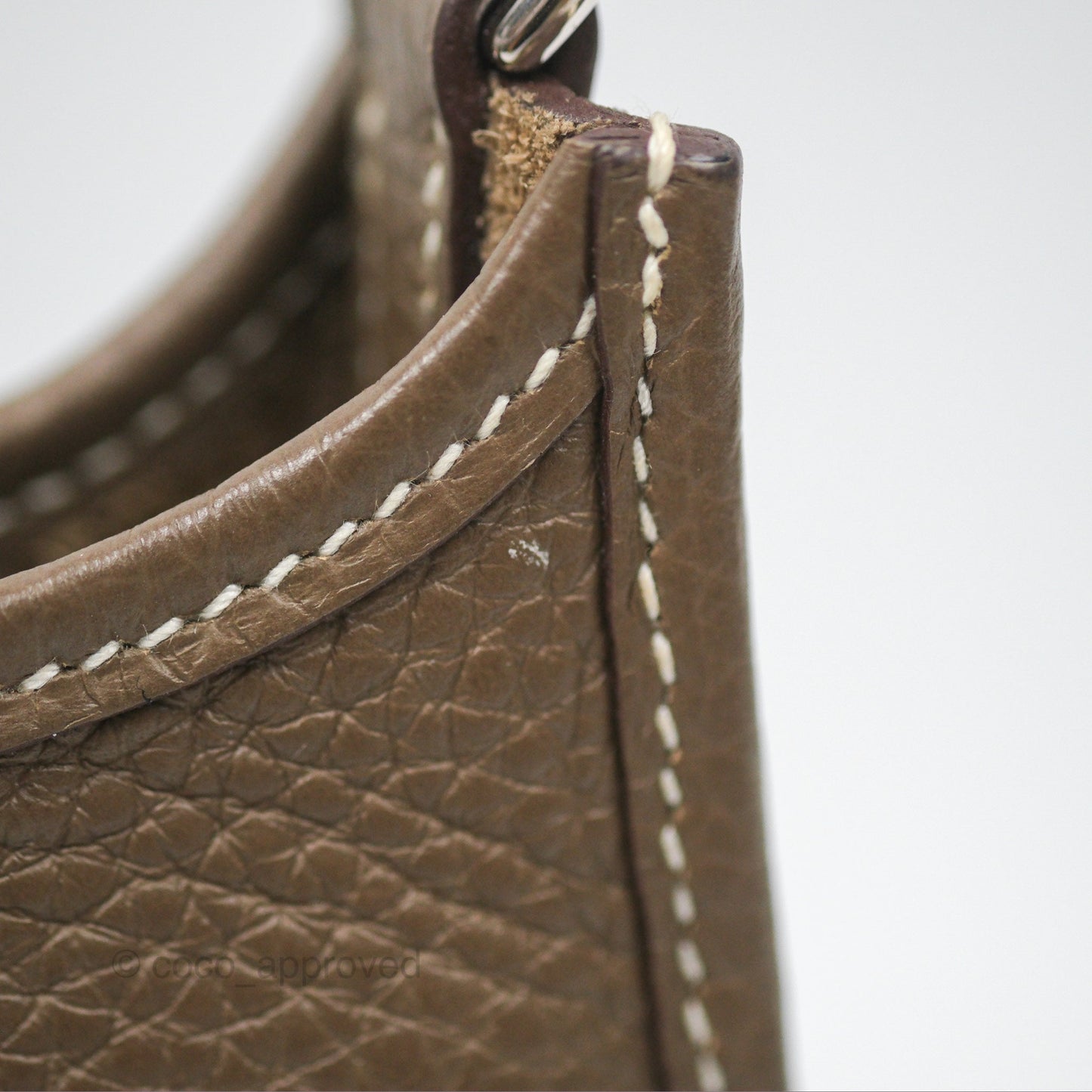 Hermès Mini Evelyne 16 Etoupe 18 Clemence Palladium Hardware with Bleu Indigo Strap