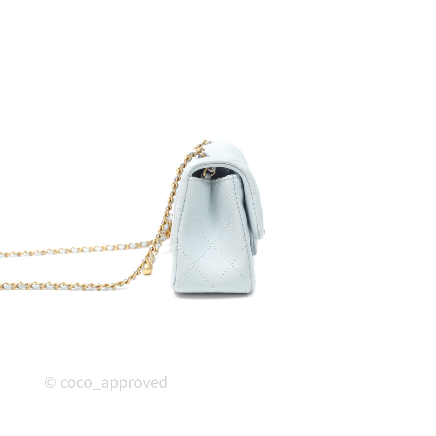 Chanel Pearl Crush Mini Rectangular Light Blue Lambskin Aged Gold Hardware
