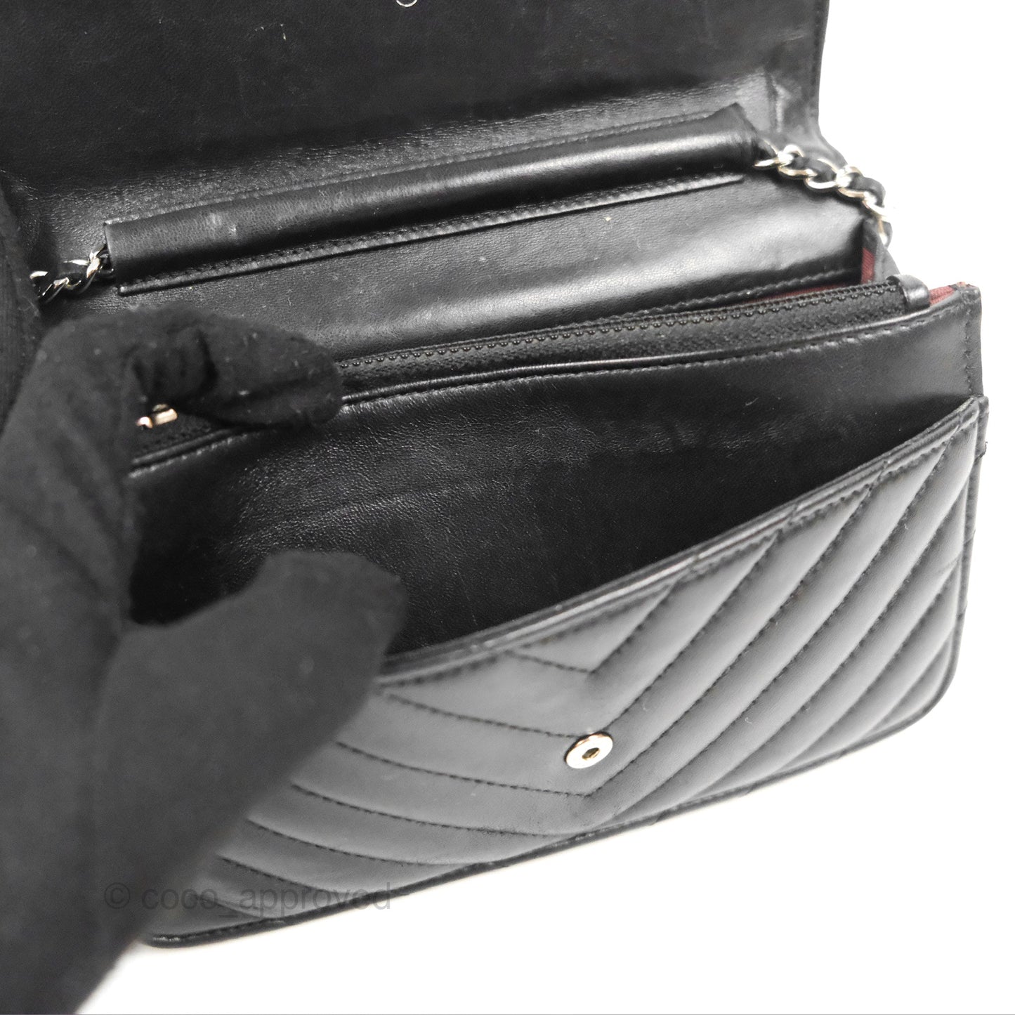 Chanel Classic Chevron Wallet on Chain WOC Black Lambskin Silver Hardware