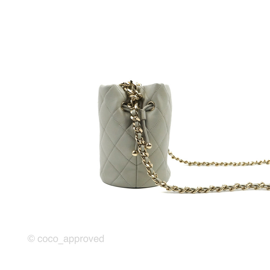 Chanel Quilted Drawstring Bucket Bag Grey Lambskin Gold Hardware 22C