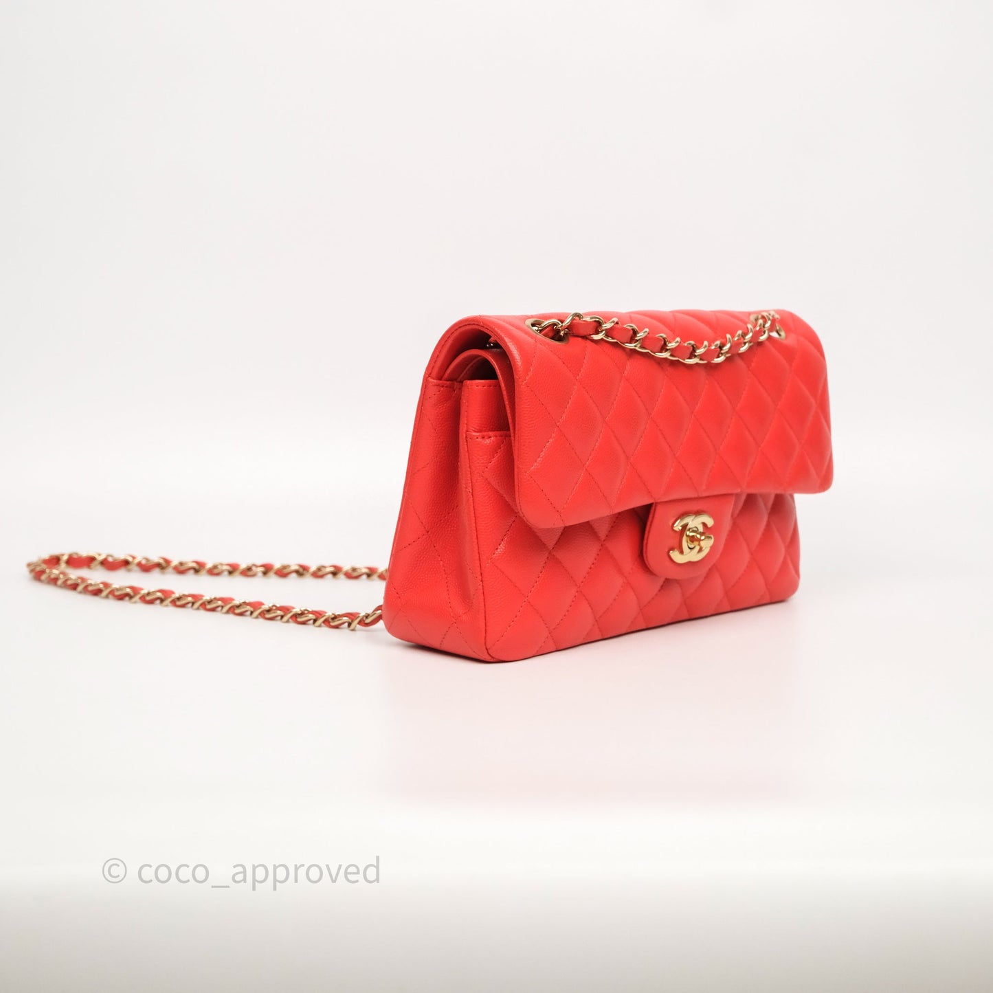 Chanel Small Classic Flap Quilted Red Orange Caviar Gold Hardware