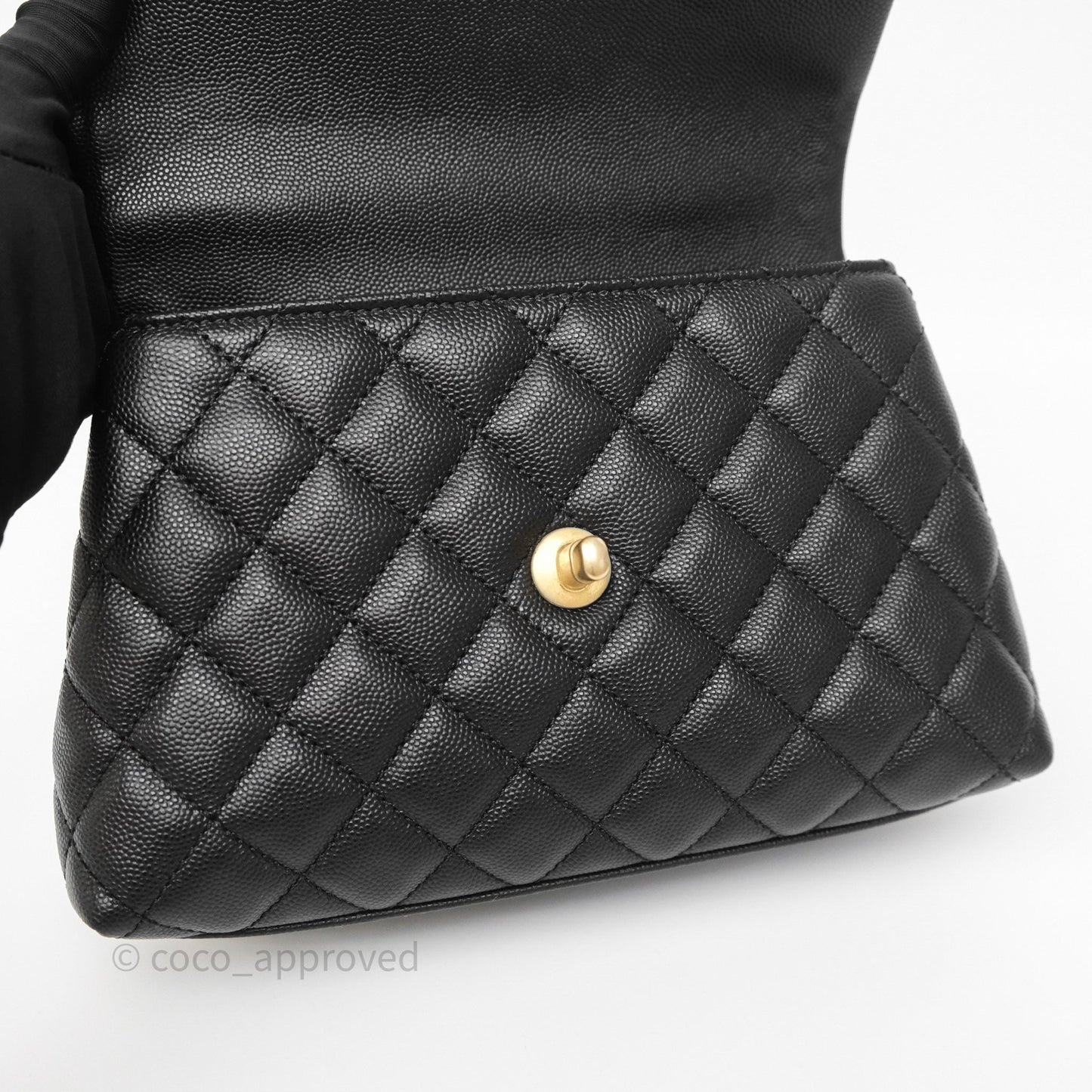 Chanel Small Coco Handle Quilted Black Caviar Aged Gold Hardware Lizard Handle