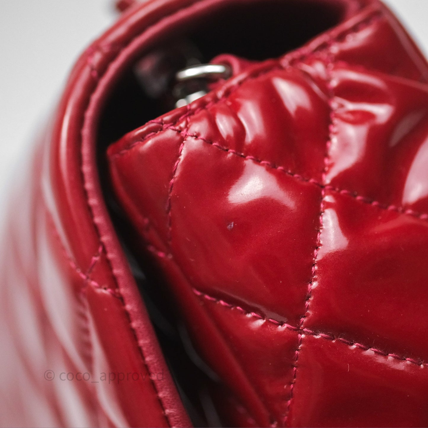 Chanel Quilted Mini Rectangular Flap Red Patent Silver Hardware
