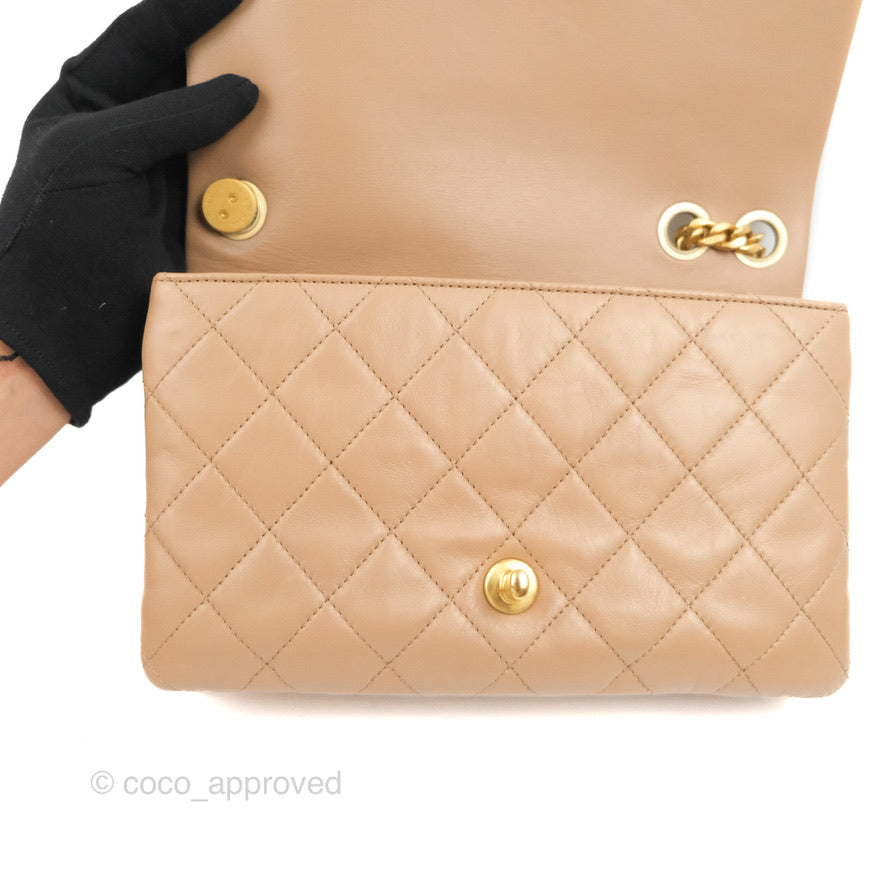 Chanel Flap Bag with Adjustable Strap Beige Lambskin Aged Gold Hardware 22K