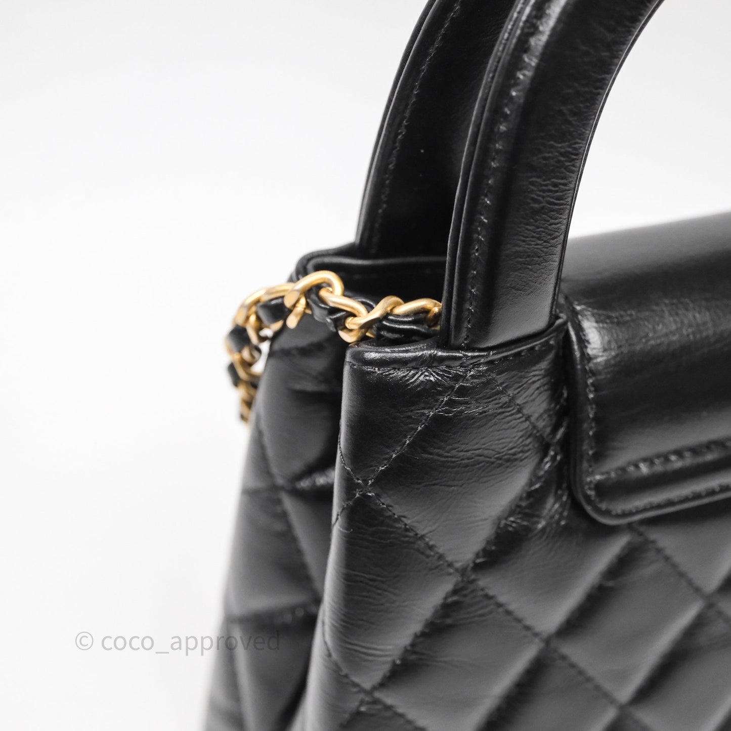 Chanel Kelly Bag Quilted Black Shiny Crumpled Calfskin Aged Gold Hardware