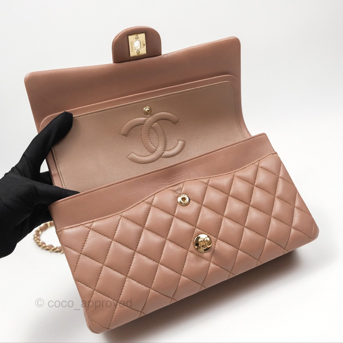 Chanel Classic M/L Medium Flap Quilted Dark Beige Lambskin Gold Hardware