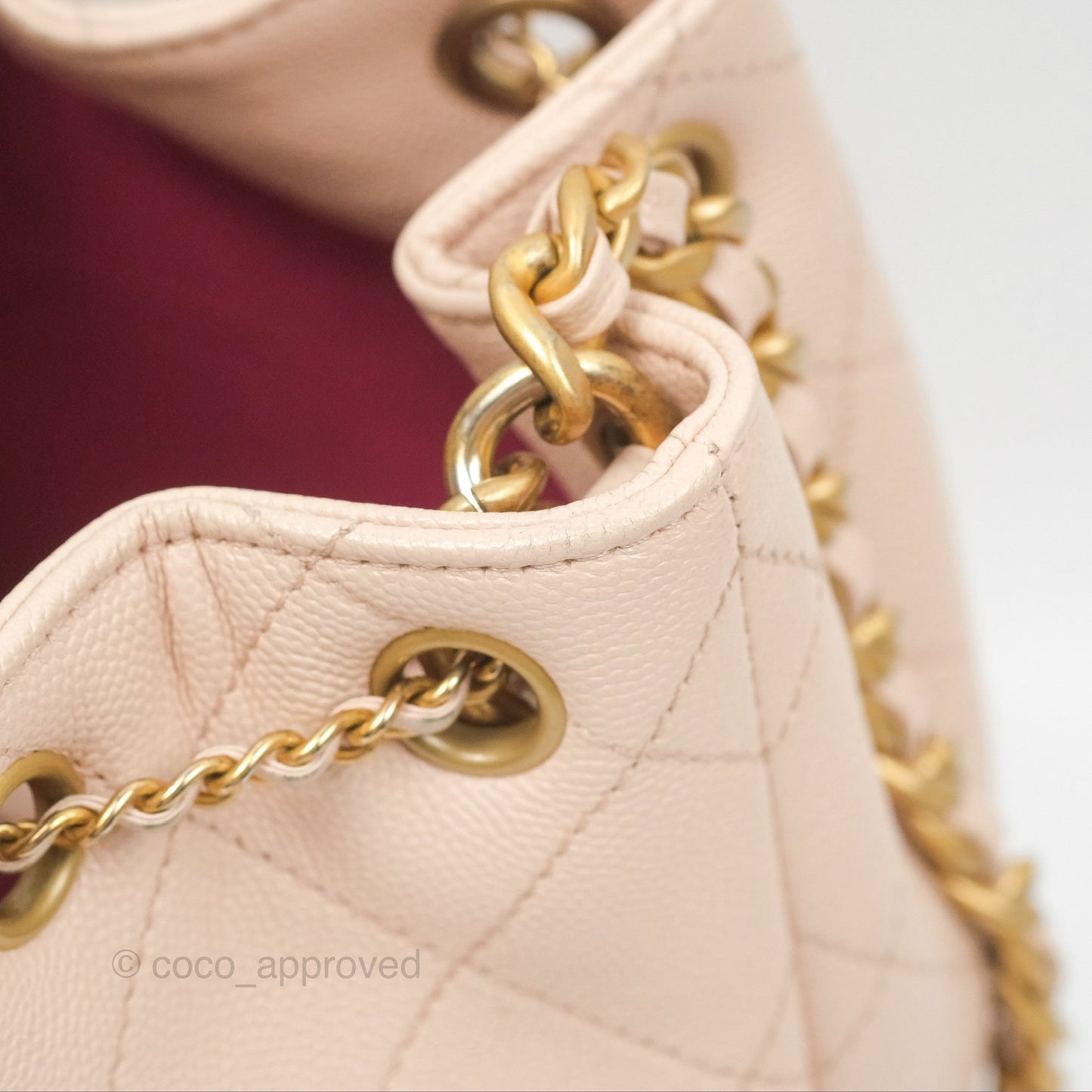 Chanel Quilted Top Handle Drawstring Bucket Bag Pink Caviar Aged Gold Hardware