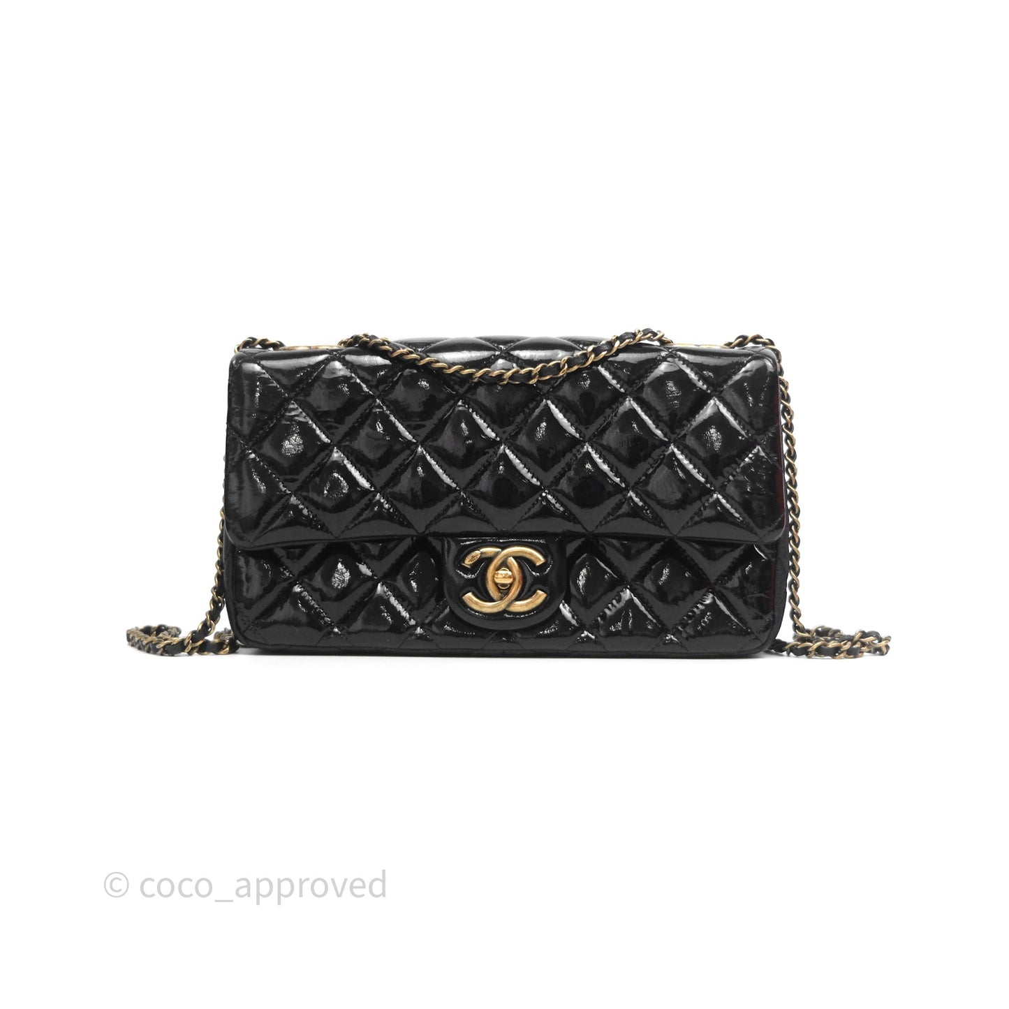 Chanel Quilted Medium Eyelet Flap Bag Black Patent Aged Gold Hardware