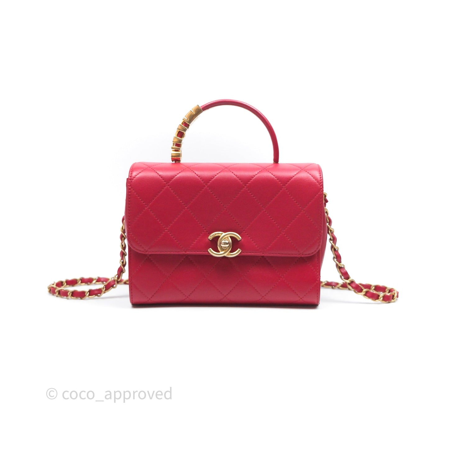 Chanel Quilted Flap Bag  with Pearl Logo Top Handle Red Lambskin Aged Gold Hardware