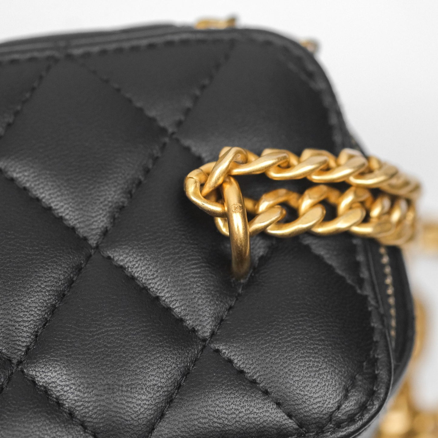 Chanel Quilted Vanity Rectangular with Camellia Adjustable Chain Black Lambskin 23S