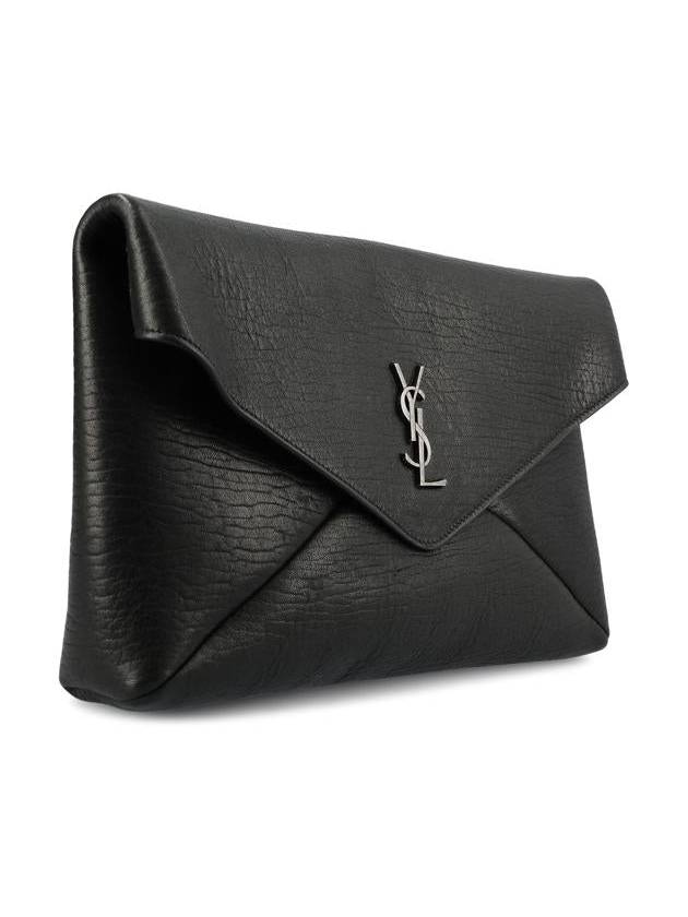 Luxury Saint Laurent Cassandre Embellished Leather Clutch Bag Black