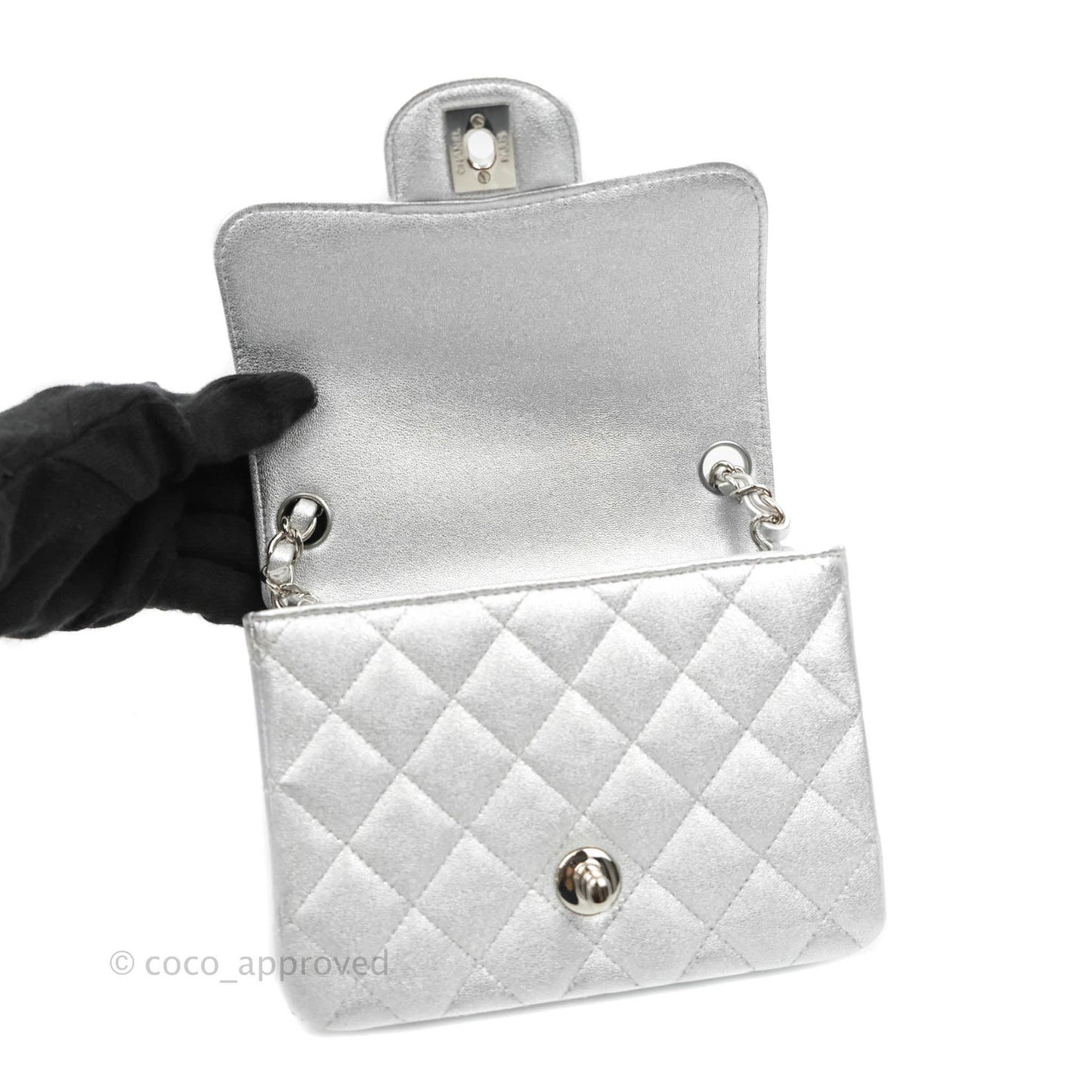 Chanel Classic Quilted Mini Square Flap Silver Lambskin Silver Hardware