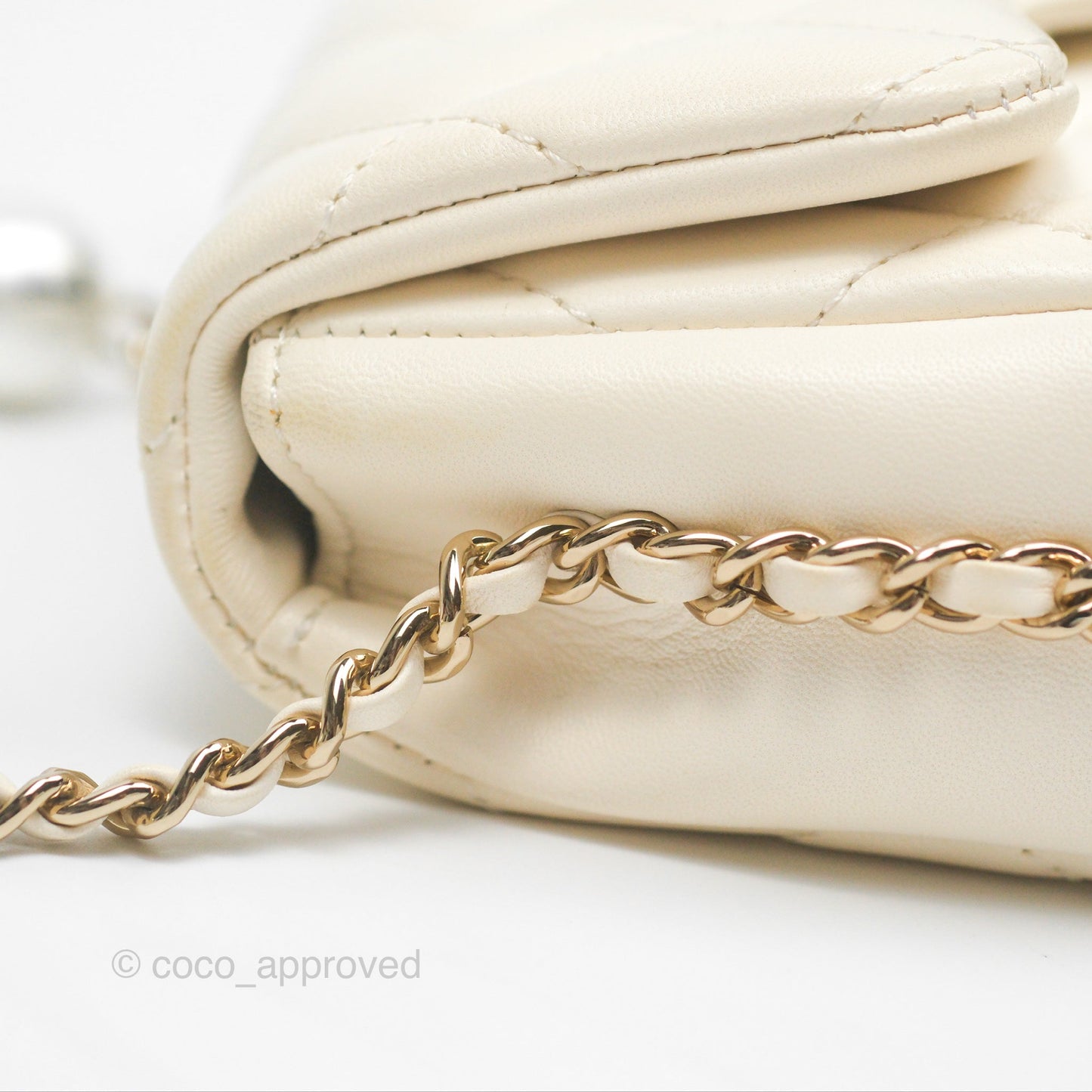 Chanel Small Logo Pearl Chain Flap Bag White Lambskin Gold Hardware
