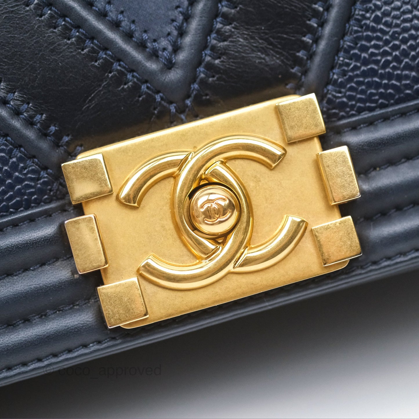 Chanel Medium Boy Chevron Navy Caviar/ Calfskin/ Suede Aged Gold Hardware