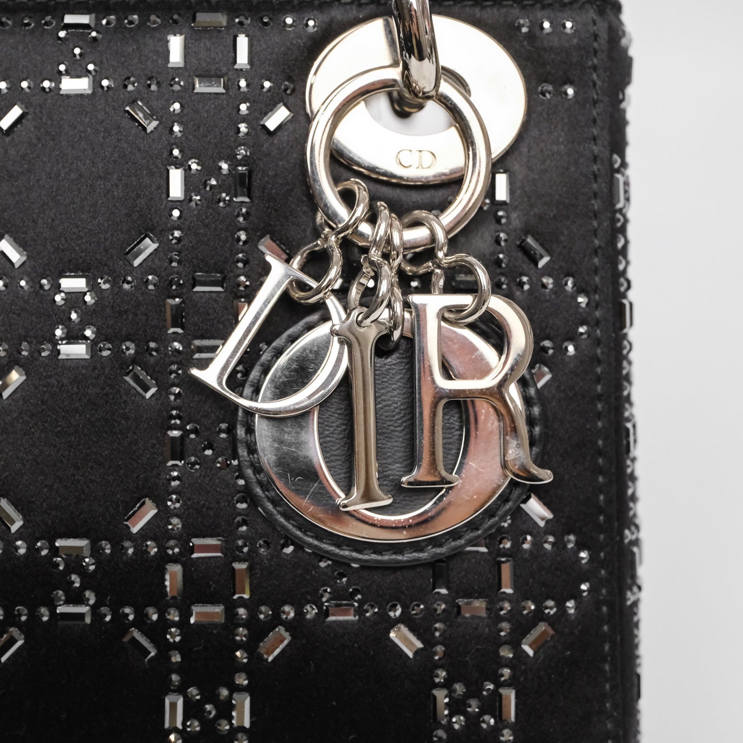 Christian Dior Mini Lady Dior Bag Black Strass Cannage Satin Silver Hardware