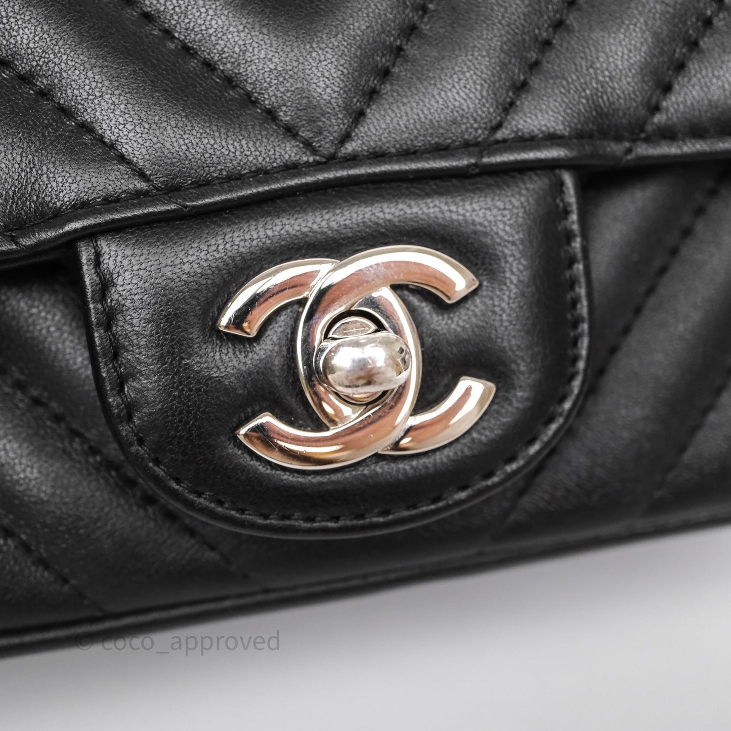 Chanel Mini Square Black Lambskin Chervon Bag Silver Hardware