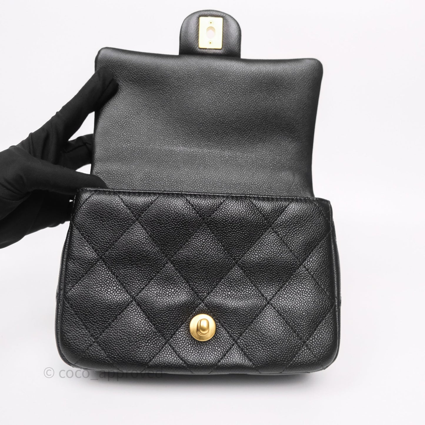 Chanel Mini Flap Bag Heart Adjustable Chain Black Caviar Aged Gold Hardware