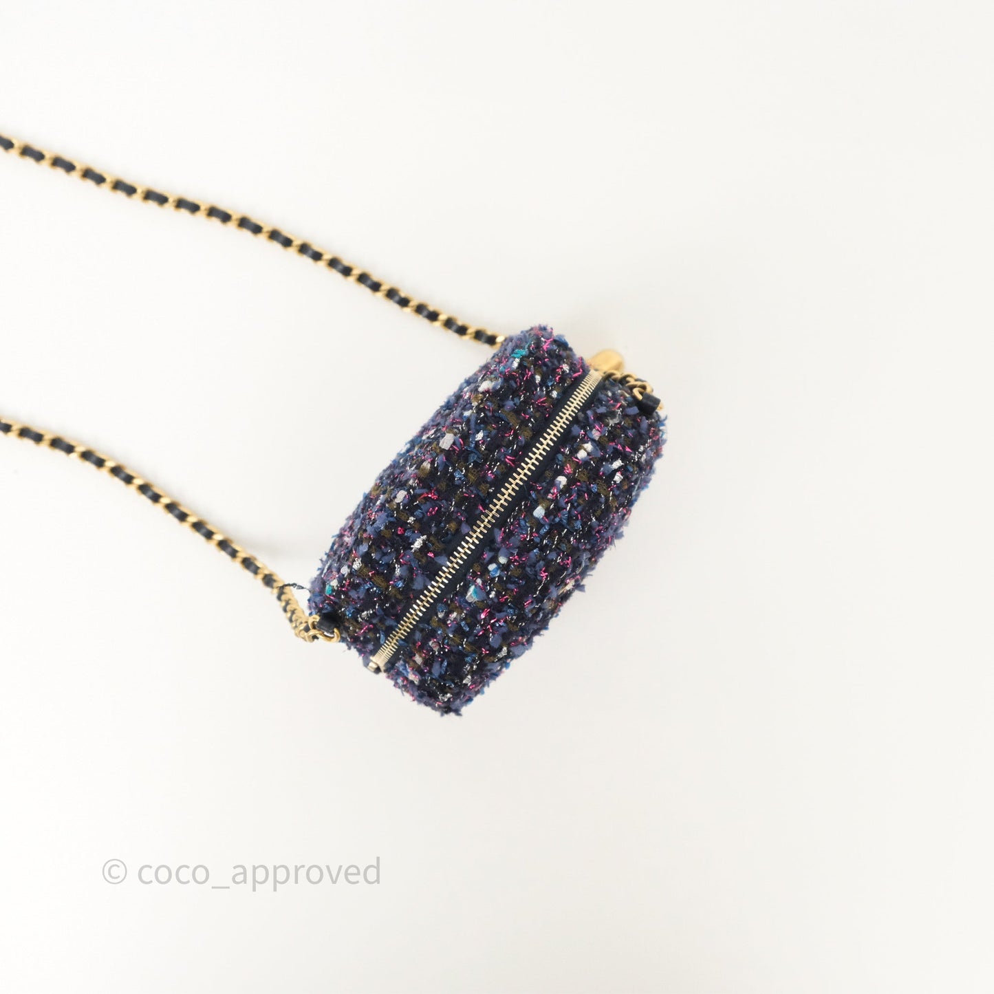 Chanel Charms Round Clutch With Chain Navy Purple Tweed Aged Gold Hardware