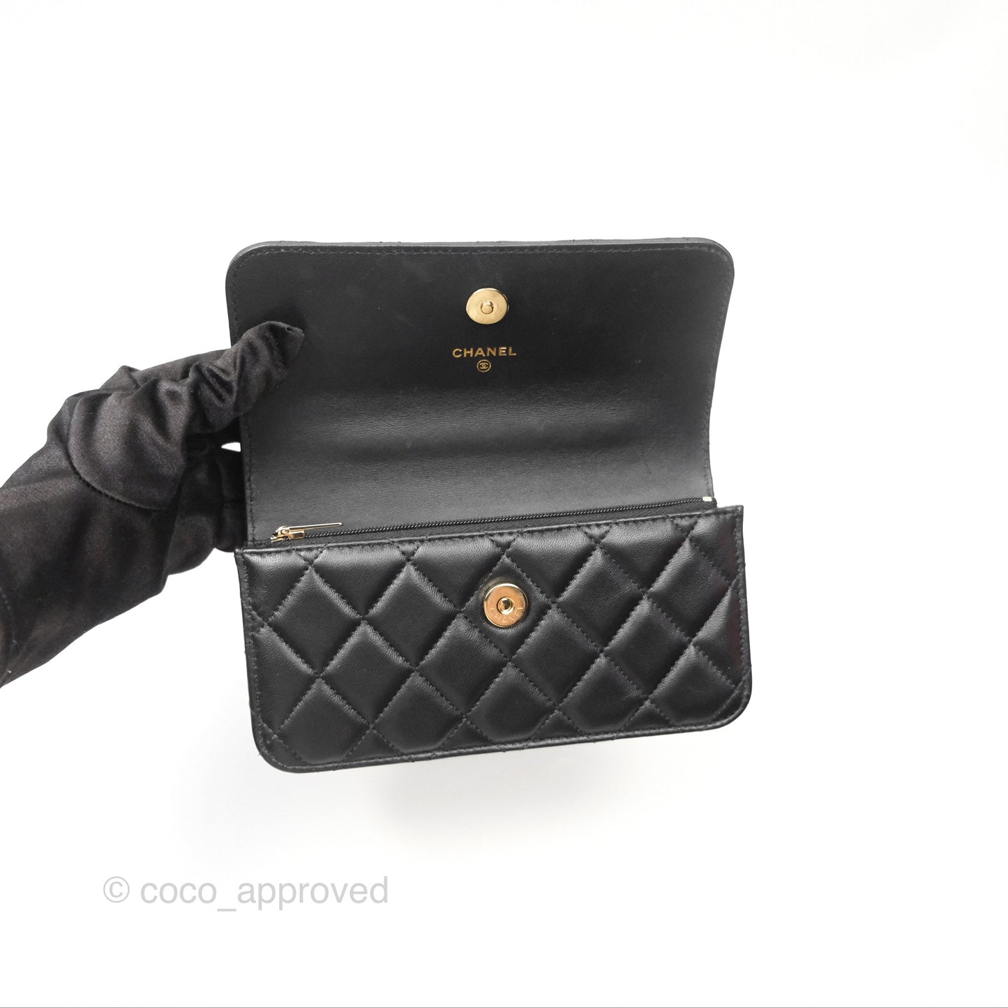 Chanel Camellia Handle Mini WOC Phone Holder with Chain Black Lambskin 23K