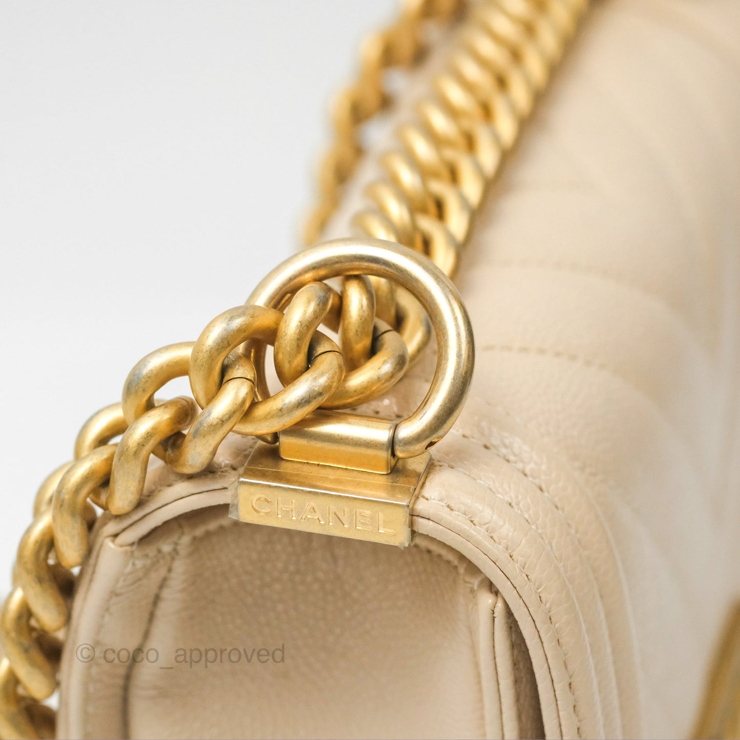 Chanel Chevron Small Boy Cream Ivory Caviar Aged Gold Hardware