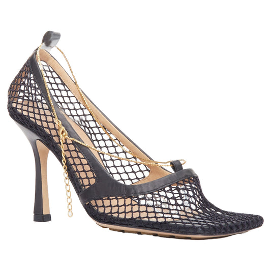 Luxury Bottega Veneta stretch leather mesh net gold chain spool heels