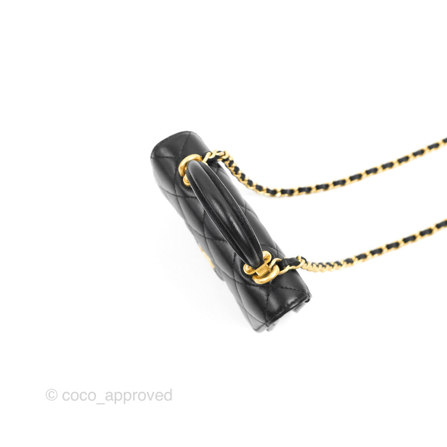 Chanel Mini Handle Flap Coin Purse With Chain Black Lambskin Gold Hardware