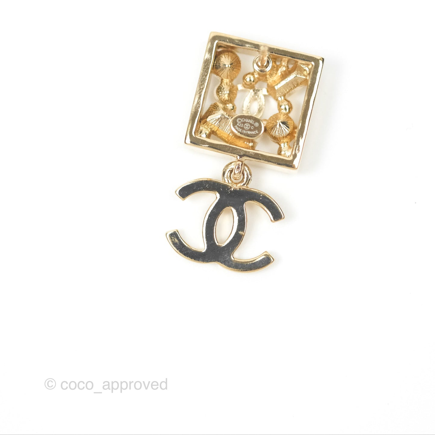 Chanel Square Crystal Pearl CC Drop Earrings Gold Tone 22C