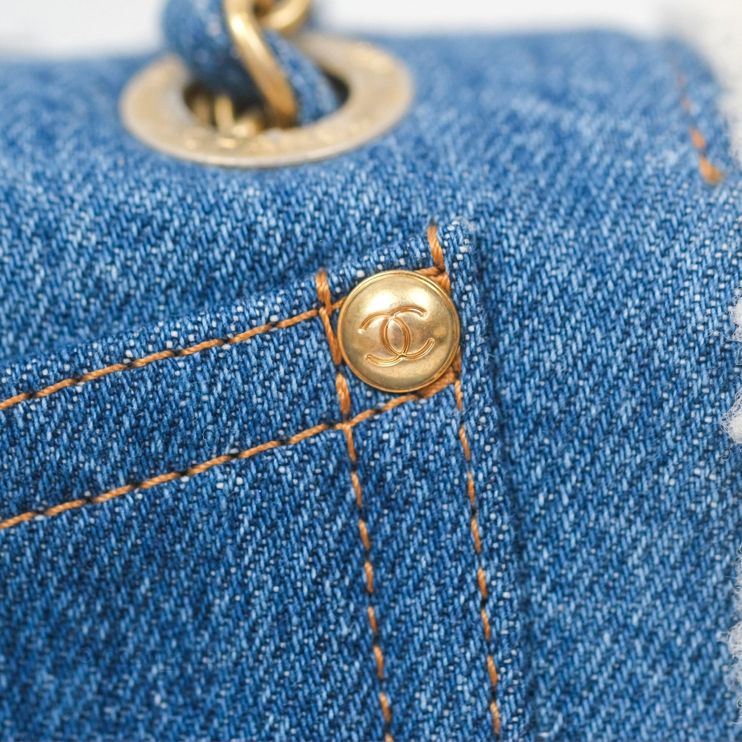 Chanel Medium Denim Shearling Hieroglyph Flap Bag Aged Gold Hardware