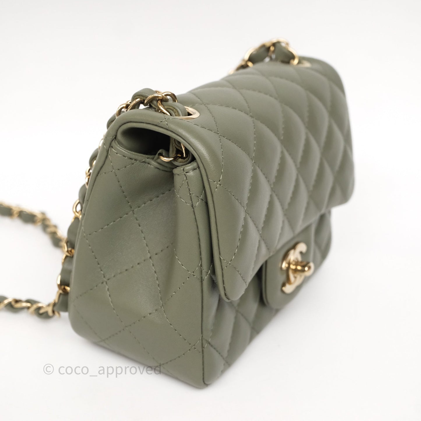 Chanel Quilted Mini Square Olive Green Lambskin Gold Hardware