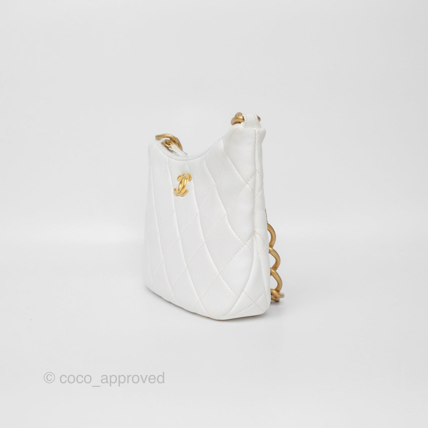 Chanel Chain Hobo Bag Quilted White Lambskin Aged Gold Hardware 23A