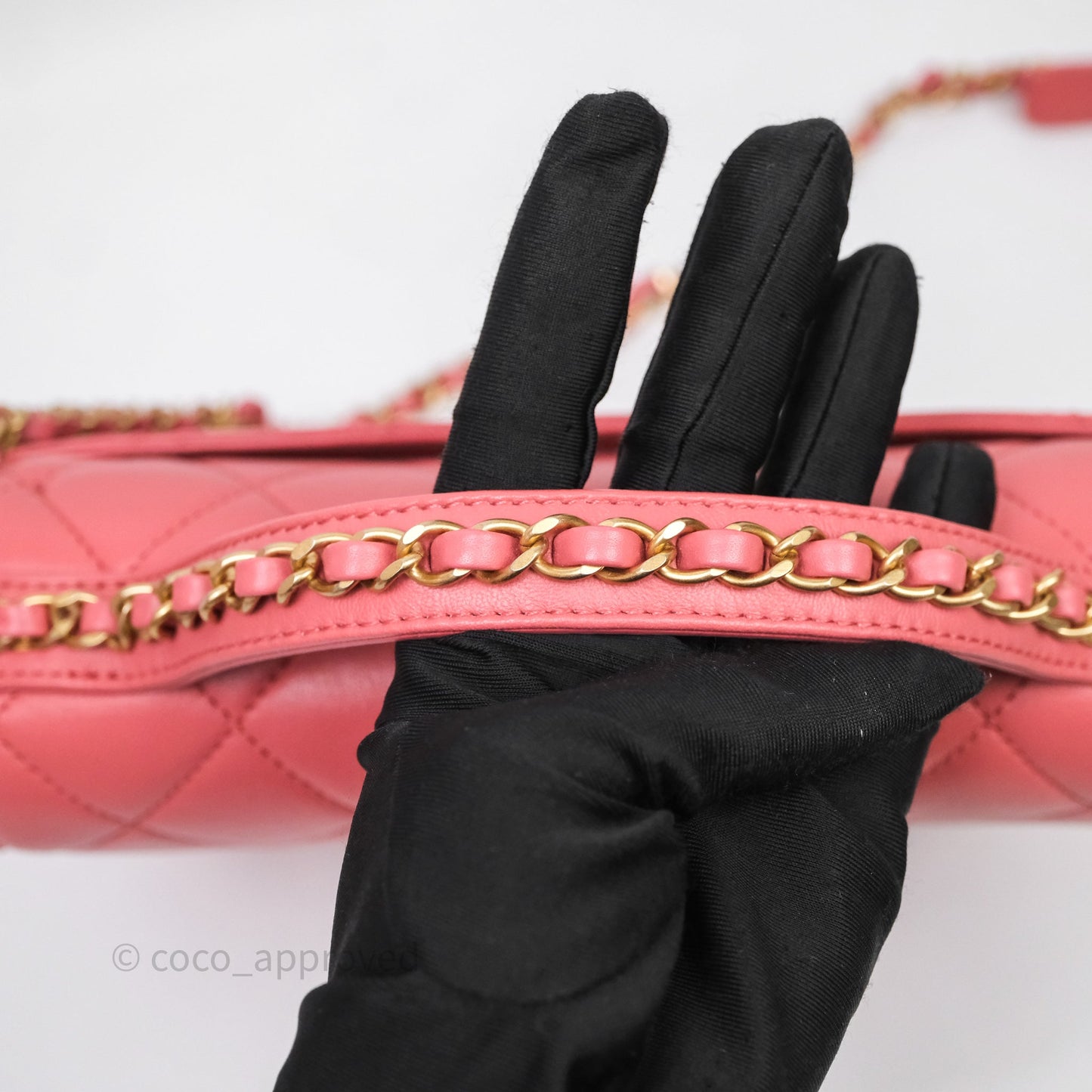 Chanel Quilted Chain Infinity Handle Bag Pink Lambskin Aged Gold Hardware