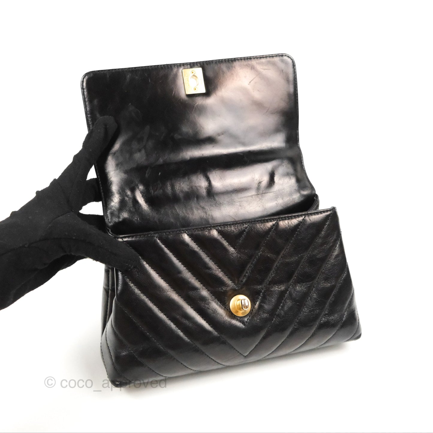 Chanel Chevron Small Coco Handle Black Shiny Aged Calfskin Aged Gold Hardware’s