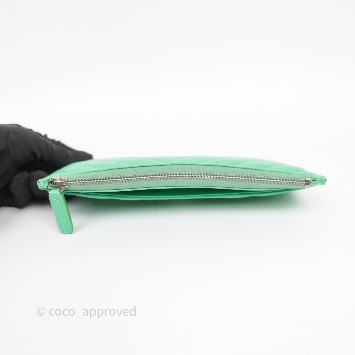 Chanel Long Zip Chevron Green Wallet Silver Hardware