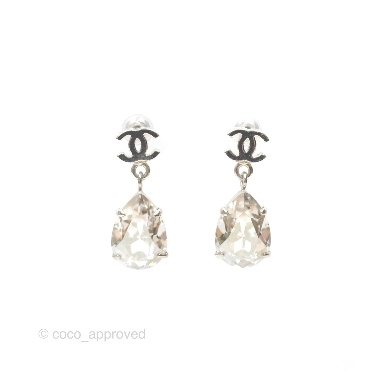 Chanel CC Rhinestone Tear Drop Earrings Silver Tone 12V