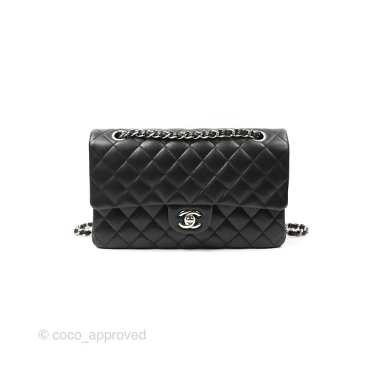 Chanel Classic M/L Medium Flap Quilted Black Lambskin Silver Hardware