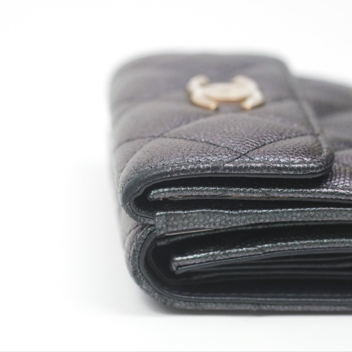 Chanel Quilted White CC Short Wallet Iridescent Green Purple Gold Hardware