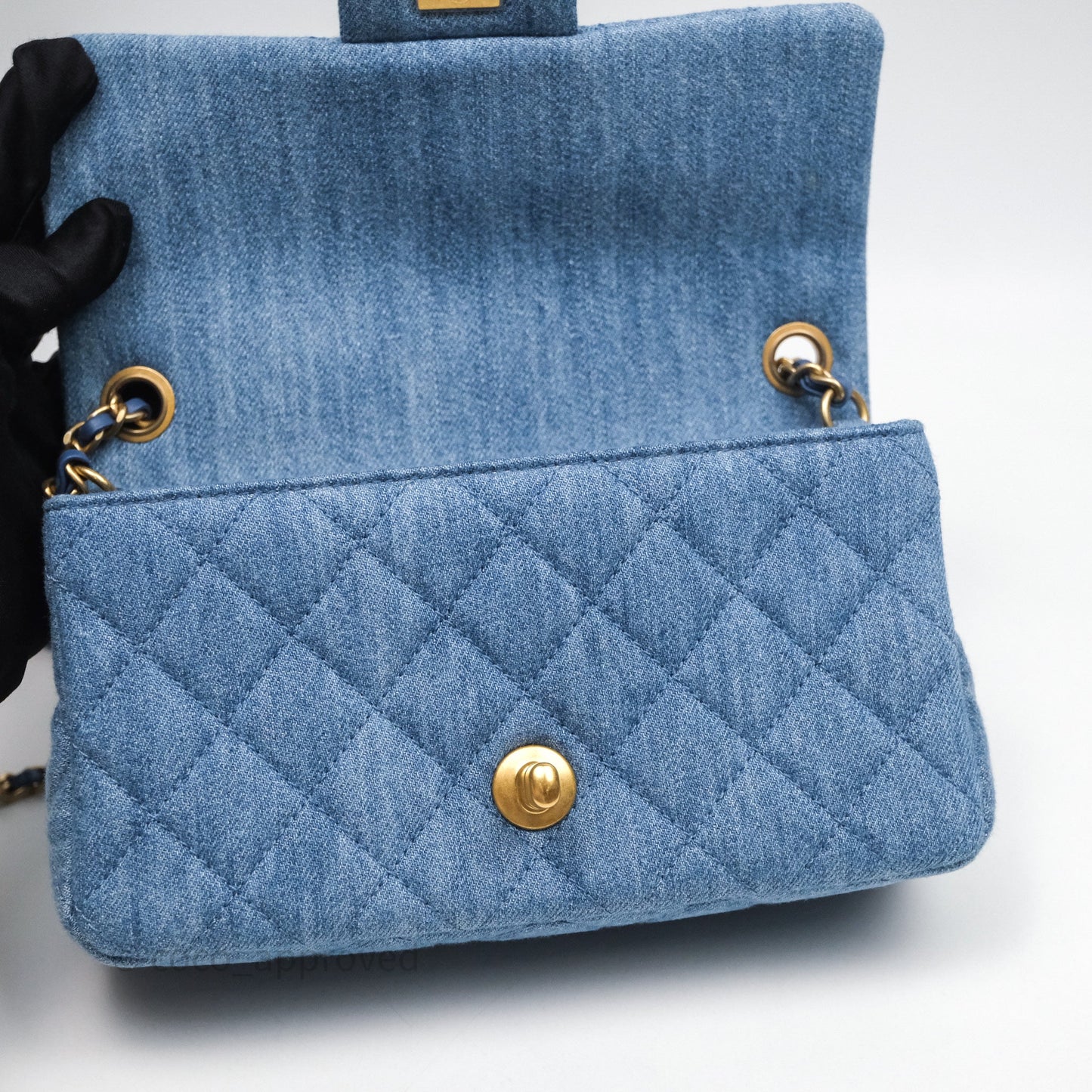 Chanel Mini Rectangular Pearl Crush Flap Quilted Denim Aged Gold Hardware