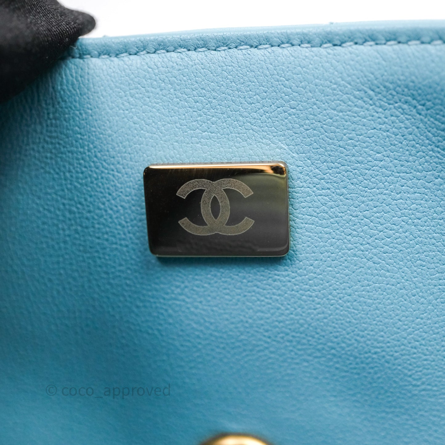 Chanel Flap Bag with Crystal Logo Top Handle Tiffany Blue Lambskin Aged Gold Hardware