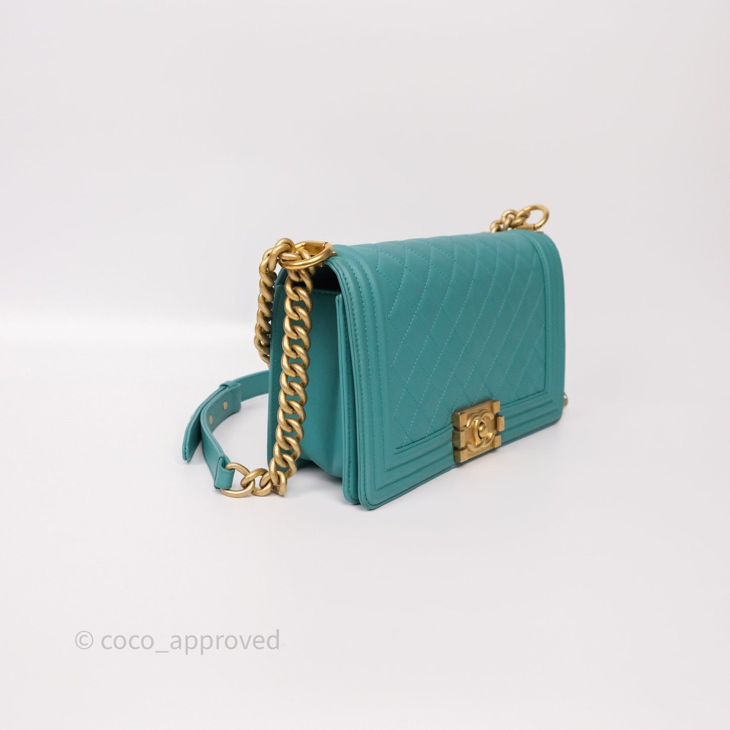 Chanel Medium Boy Quilted Turquoise Calfskin Aged Gold Hardware